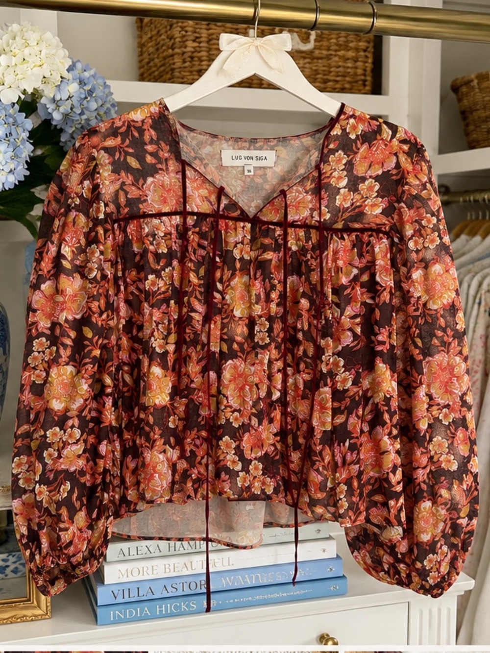 Lug Von Siga Floral Velvet-Trim Blouse — Brown & Pink